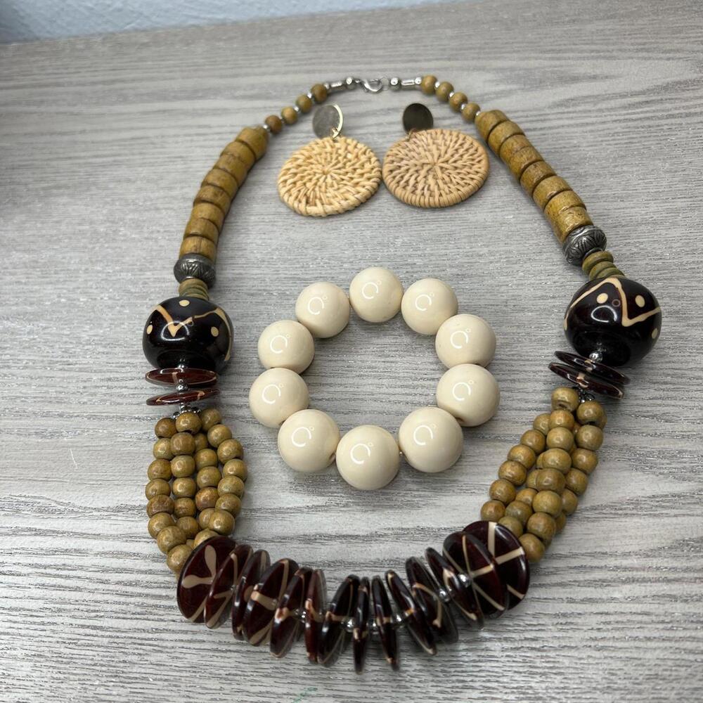 Vintage Chunky Wooden Beaded Necklace and Earrings Set